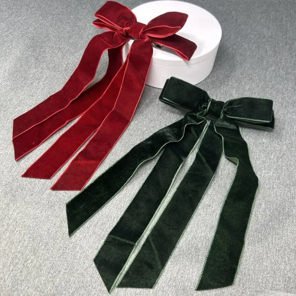 Two Velvet Hair Bows Long Ribbon Alligator Hair Clip Bundle Red Green Christmas